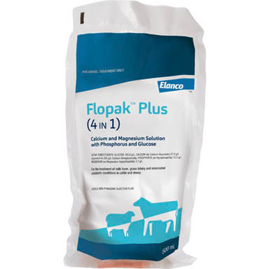 Flopak Plus 4-in-1 500mL calcium magnesium injection for cattle and sheep metabolic conditions