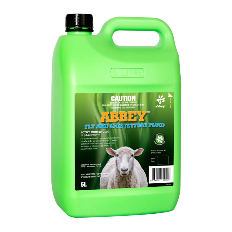5L container of ABBEY™ FLY AND LICE Jetting Fluid for blowfly and lice control in sheep.