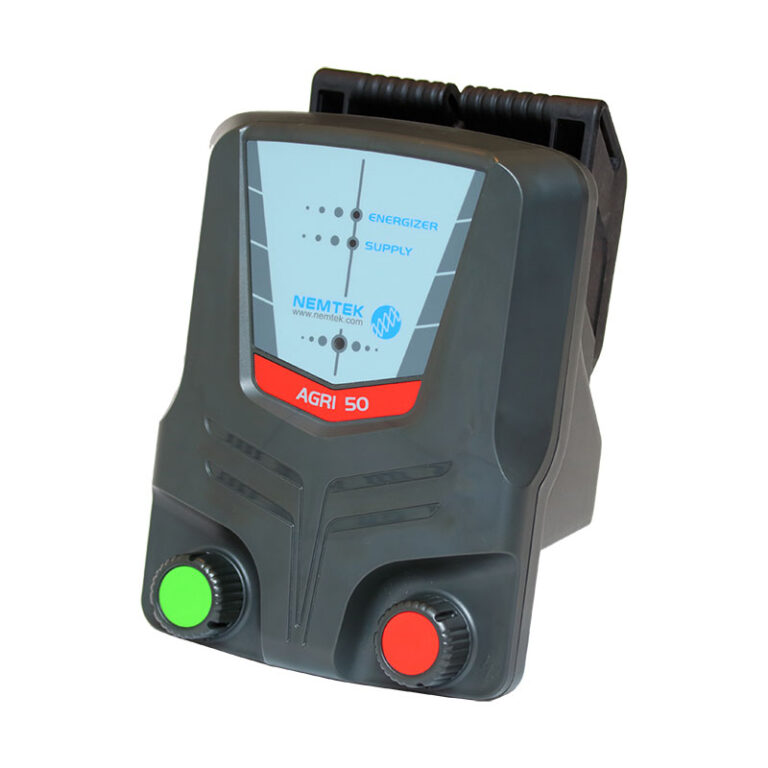 Nemtek Agri 50km Energizer – weather-resistant, adaptable power for large agricultural electric fence systems.