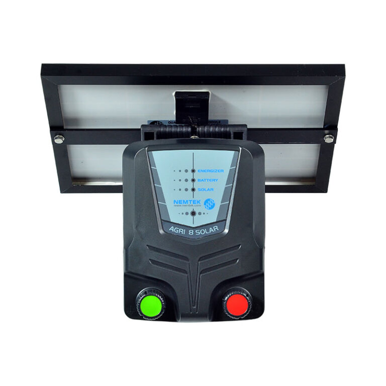 Nemtek Agri Solar Energizer 8km with built-in lithium battery and mounted solar panel.