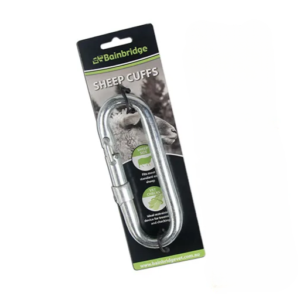 Sheep cuffs by Bainbridge securely fitted on a sheep’s legs for safe veterinary restraint.
