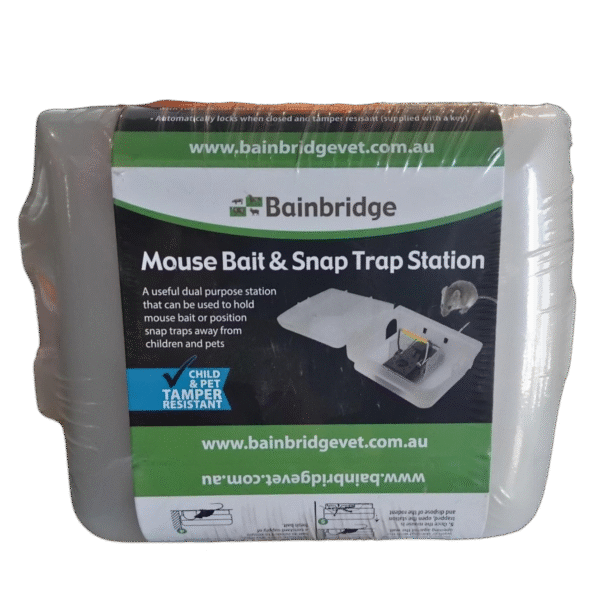 Bainbridge Mouse Snap Trap Station with black plastic housing and secure locking lid.