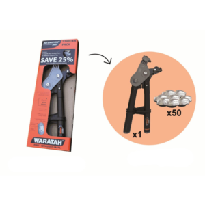 Waratah Gripple Plus Starter Pack including tensioning tool and 50 medium wire joiners on white background.