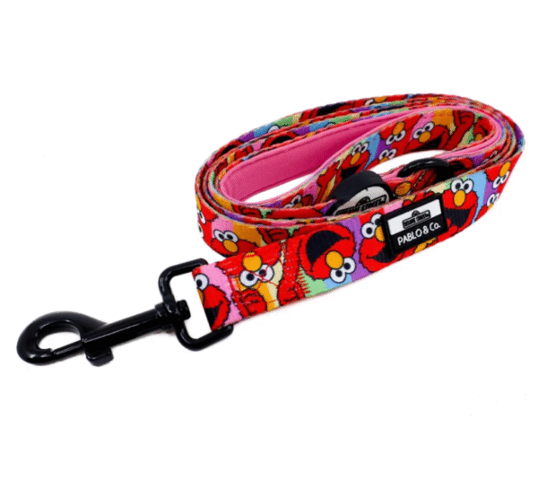 Pablo & Co Elmo Dog Leash featuring red Sesame Street design with neoprene handle and black hardware.