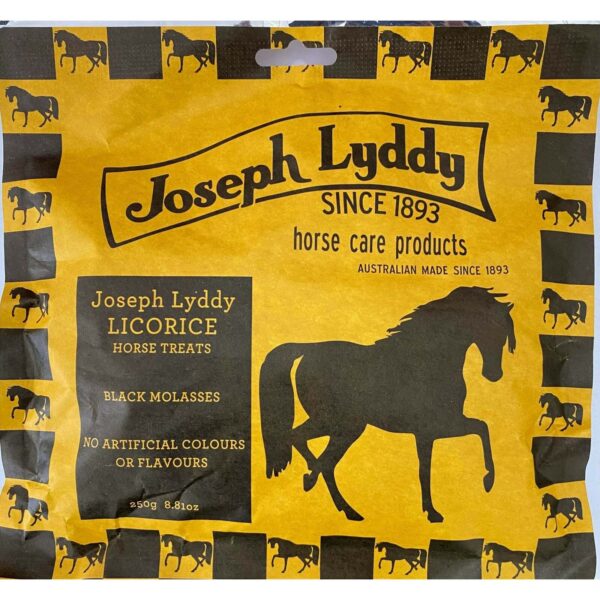 Joseph Lyddy Horse Licorice Treats 250G pack featuring handcrafted molasses licorice treats for horses.