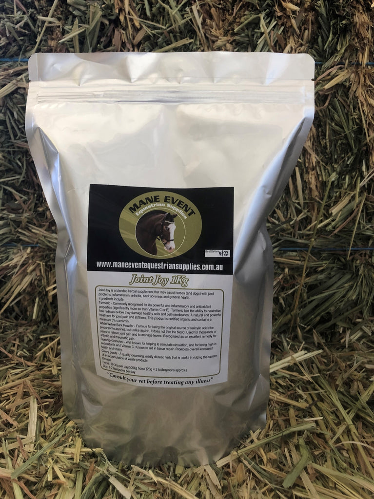 Mane Event Joint Joy 1kg supplement for horses and dogs.