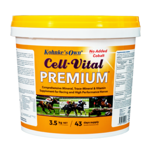 Kohnke's Own Cell-Vital Premium 3.5kg equine supplement tub with label displaying key benefits for performance and racehorses.