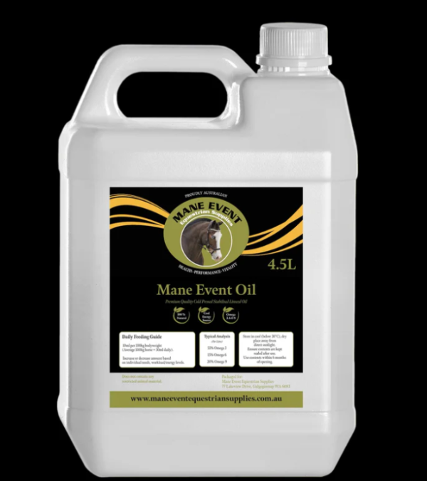 Mane Event Oil 4.5L – Cold-pressed linseed oil for horses with Omega 3, 6 & 9, promoting skin, coat, joint, and hoof health.