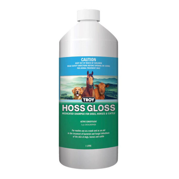 Troy Hoss-Gloss 1L bottle, medicated shampoo for treating bacterial and fungal skin infections in horses, dogs, and cattle.