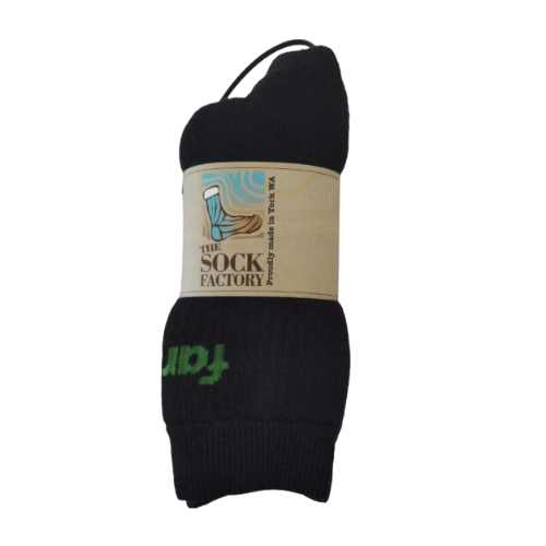 Black Farmco work socks with green logo and The Sock Factory York WA packaging band