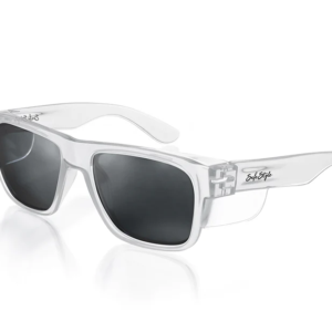 SafeStyle Clear Fusion safety glasses with clear rectangular frames and wraparound side protection.