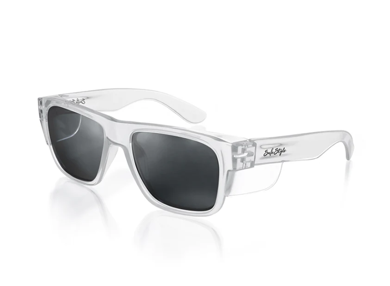 SafeStyle Clear Fusion safety glasses with clear rectangular frames and wraparound side protection.