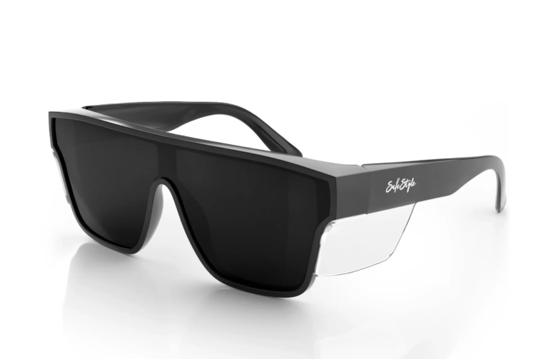 SafeStyle Black Primes safety eyewear with oversized polarised lenses and side shields.