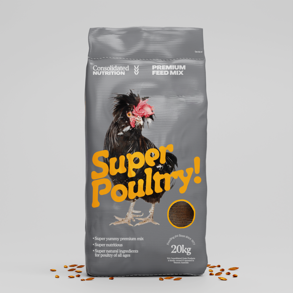 Super Poultry Mix 20kg bag from Consolidated Nutrition, designed for all poultry ages with premium nutrients.