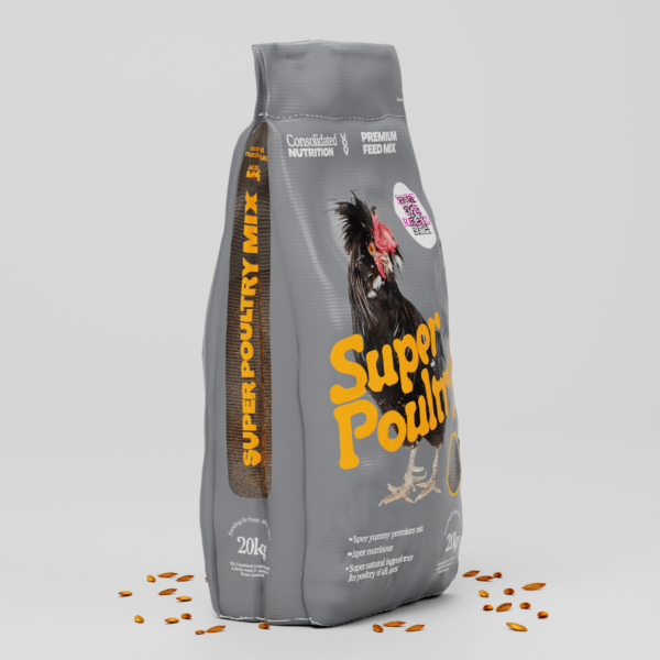 Super Poultry Mix 20kg bag from Consolidated Nutrition, designed for all poultry ages with premium nutrients.