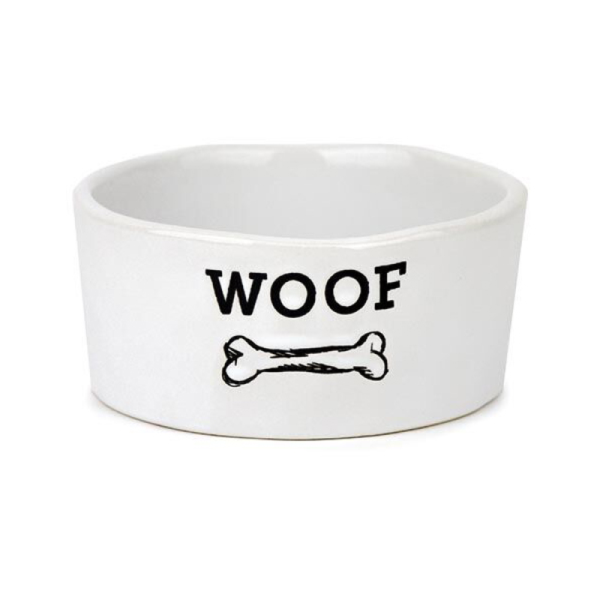 Barkley & Bella Woof Bowl Small – White Ceramic Dog Bowl with Non-Slip Base