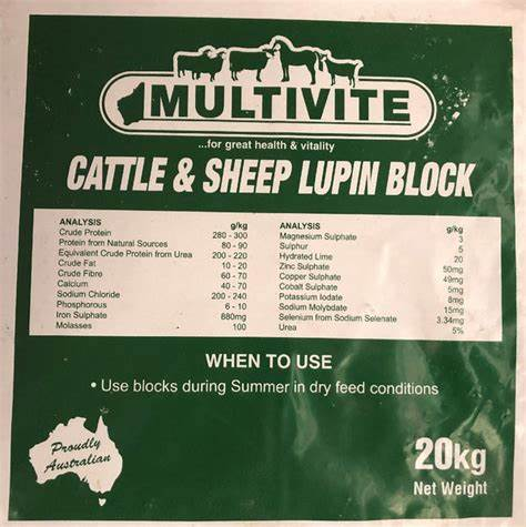 Multivite Cattle & Sheep Lupin Block 20kg – protein and mineral supplement block for livestock.