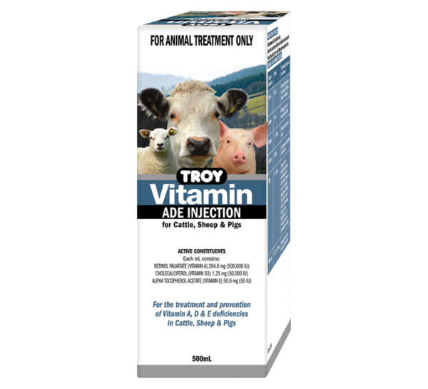 Troy Vitamin ADE Injection 500mL bottle for cattle, sheep and pigs