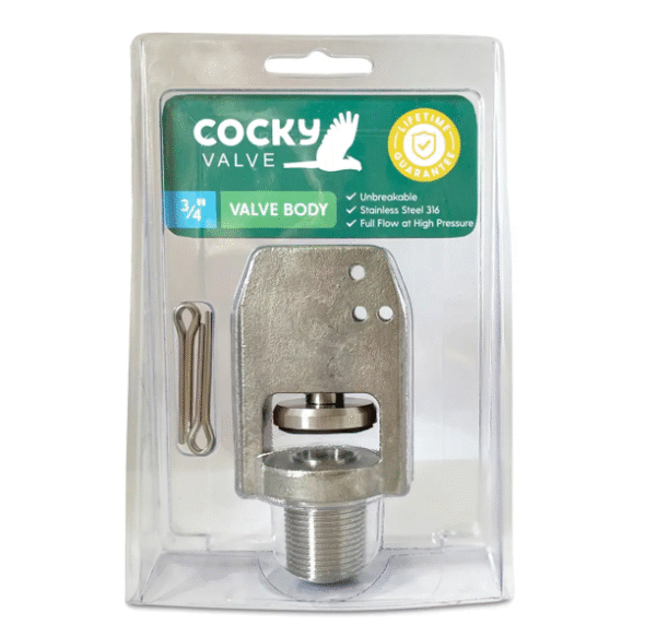 Cocky Valve ¾″ stainless steel trough valve body for livestock watering systems
