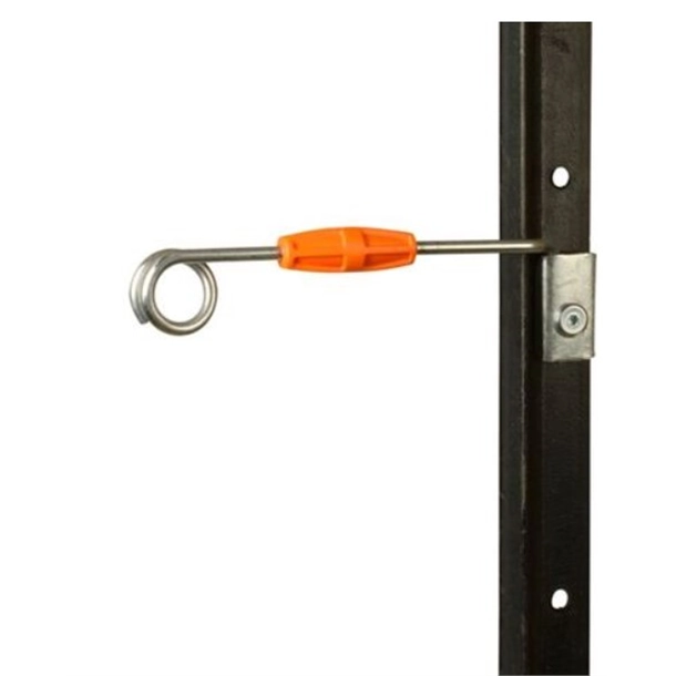Gallagher Steel Post Live Tip Lockset Offset 160mm attached to a steel fence post
