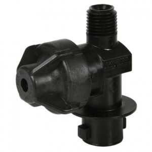 Teejet Non-Drip Nozzle Adaptor 1/4 NPT – QJ8360-NYB, black nylon with stainless spring, side view.