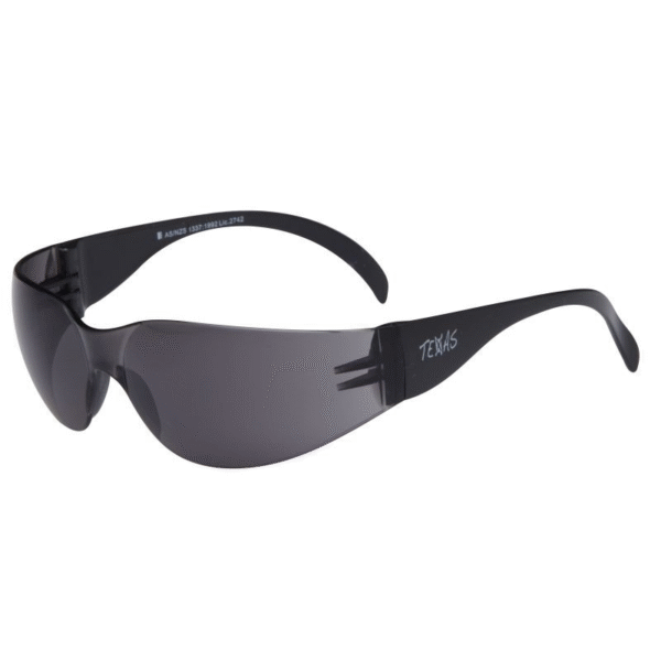 Texas Safety Glasses Anti-Fog in Smoke lens – EBR331 with wraparound design and slim black frame.