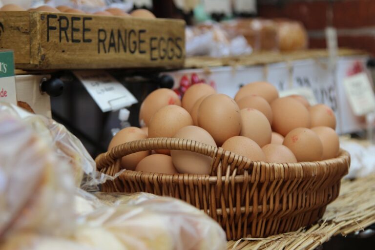 Basket of brown free-range eggs at a market stall