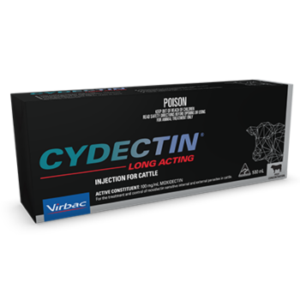 Cydectin Long-Acting Injection for Cattle 550ml bottle and packaging, designed for season-long parasite control in cattle.