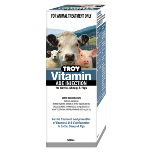 Troy Vitamin ADE Injection 500mL for treatment and prevention of vitamin A, D and E deficiency in cattle, sheep and pigs
