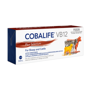 Cobalife VB12 Plus Selenium 500mL injection for vitamin B12 and selenium deficiency in sheep and cattle