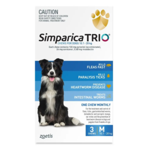 Simparica Trio for Medium Dogs 10.1–20kg (Blue) pack front.