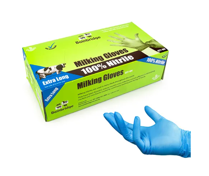 Bainbridge long nitrile milking gloves medium and XX-long in box of 100