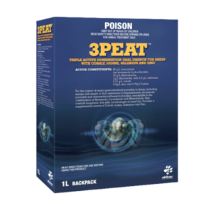 Abbey 3PEAT triple active oral drench for sheep 1L backpack worm control with trace minerals cobalt selenium iodine zinc
