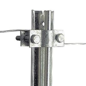 Gallagher galvanised earth clamp bolting cable to a galvanised earth stake