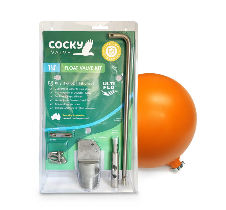 Cocky float valve kit with 1¼ inch Ulti Flo valve and orange 8 inch ball float