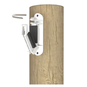 Gallagher heavy duty tape insulator with open clip stapled to a wooden post