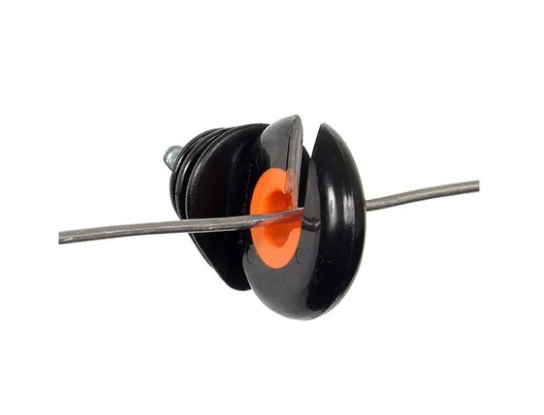Gallagher black screw-in ring insulator with orange wear indicator holding fence wire